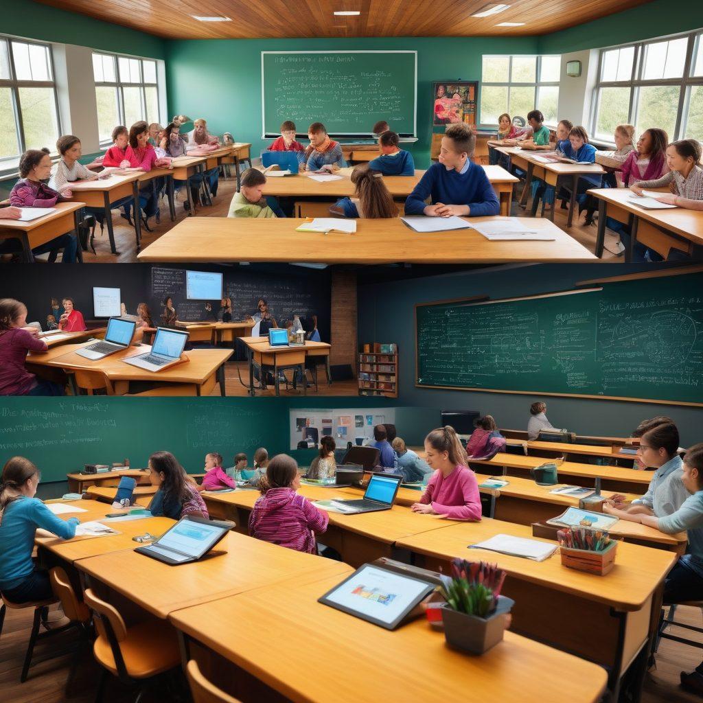 A split image showcasing a traditional classroom on one side with wooden desks, a chalkboard, and students engaged in learning, and on the other side, a modern digital platform featuring a blog interface, colorful educational graphics, and diverse people interacting online. Emphasize the contrast between old and new learning methods. Include vibrant colors and lively expressions to convey enthusiasm for learning. digital art. bright colors. 3D.