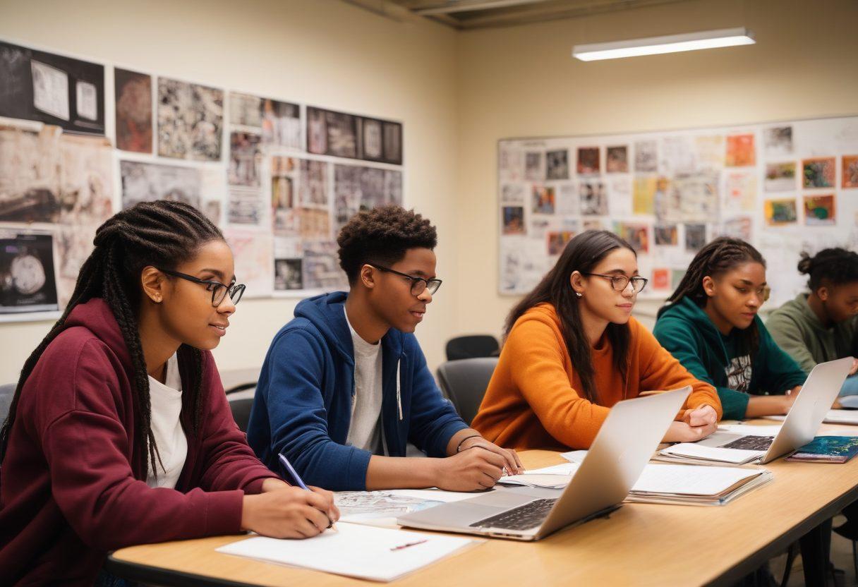 A diverse group of students collaborating in a bright, modern community college classroom, surrounded by laptops, sketchbooks, and artistic materials. Capture their energetic expressions as they discuss content creation, with posters of famous content creators on the walls. Include elements representing various forms of expression such as art, writing, and digital media. The atmosphere is vibrant and inspiring, showcasing the empowerment of creativity. super-realistic. vibrant colors. warm lighting.