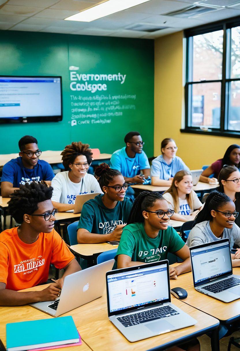 A diverse group of students engaging in a vibrant classroom filled with technology and creative tools, showcasing empowerment through collaboration. Include elements like laptops, books, and digital screens displaying various blogs and educational resources. The environment should exude a sense of community and innovation, with bright colors and inspiring quotes on the walls. The setting should reflect a modern community college atmosphere. super-realistic. vibrant colors.
